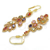 Oro Laminado Long Earring, Gold Filled Style Leaf Design, with Multicolor Cubic Zirconia, Polished, Golden Finish, 02.323.0007.1