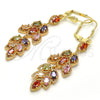 Oro Laminado Long Earring, Gold Filled Style Leaf Design, with Multicolor Cubic Zirconia, Polished, Golden Finish, 02.323.0007.1
