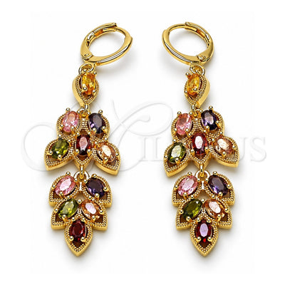 Oro Laminado Long Earring, Gold Filled Style Leaf Design, with Multicolor Cubic Zirconia, Polished, Golden Finish, 02.323.0007.1