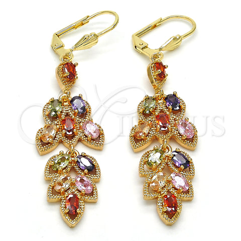 Oro Laminado Long Earring, Gold Filled Style Leaf Design, with Multicolor Cubic Zirconia, Polished, Golden Finish, 02.323.0007.1