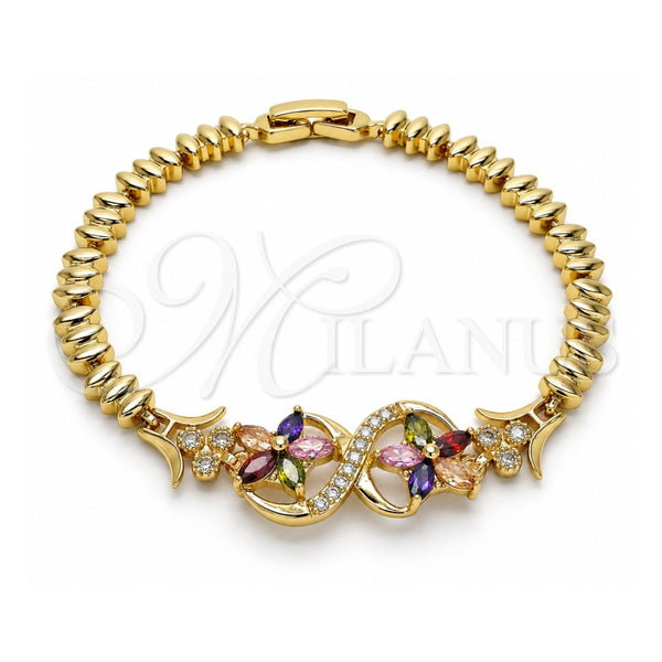 Oro Laminado Fancy Bracelet, Gold Filled Style Flower Design, with Multicolor Cubic Zirconia, Polished, Golden Finish, 03.210.0085.1.08 (06 MM Thickness, 8 Inches Length)