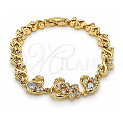 Oro Laminado Fancy Bracelet, Gold Filled Style Swan and Heart Design, with White Cubic Zirconia, Polished, Golden Finish, 03.210.0088.08 (08 MM Thickness, 8 Inches Length)