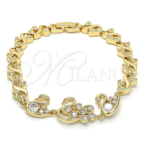 Oro Laminado Fancy Bracelet, Gold Filled Style Swan and Heart Design, with White Cubic Zirconia, Polished, Golden Finish, 03.210.0088.08 (08 MM Thickness, 8 Inches Length)