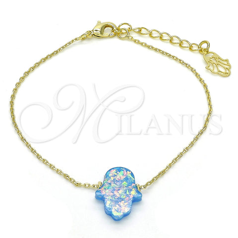 Oro Laminado Fancy Bracelet, Gold Filled Style Hand of God Design, with Blue Topaz Opal, Polished, Golden Finish, 03.99.0001.07 (01 MM Thickness, 7 Inches Length)