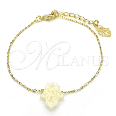 Oro Laminado Fancy Bracelet, Gold Filled Style Hand of God Design, with White Opal, Polished, Golden Finish, 03.99.0001.1.07 (01 MM Thickness, 7 Inches Length)