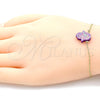 Oro Laminado Fancy Bracelet, Gold Filled Style Hand of God Design, with Amethyst Opal, Polished, Golden Finish, 03.99.0001.3.07 (01 MM Thickness, 7 Inches Length)