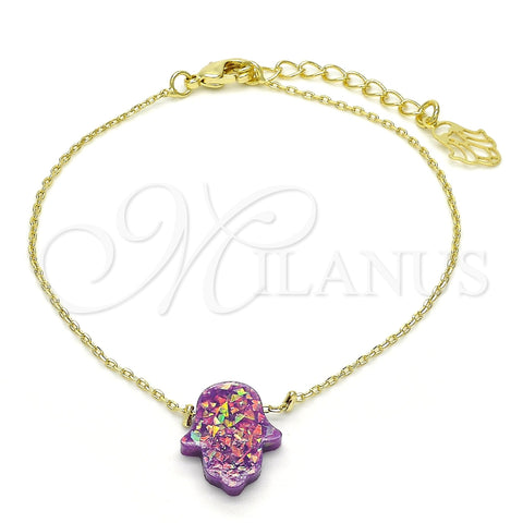Oro Laminado Fancy Bracelet, Gold Filled Style Hand of God Design, with Amethyst Opal, Polished, Golden Finish, 03.99.0001.3.07 (01 MM Thickness, 7 Inches Length)