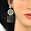 Oro Laminado Long Earring, Gold Filled Style Flower Design, with White Cubic Zirconia, Mustard Resin Finish, Golden Finish, 02.268.0072.1