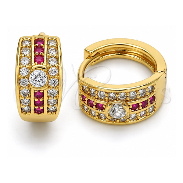 Oro Laminado Huggie Hoop, Gold Filled Style with Ruby and White Cubic Zirconia, Polished, Golden Finish, 02.267.0063.15