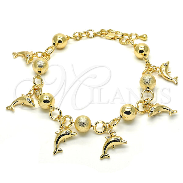 Oro Laminado Charm Anklet , Gold Filled Style Dolphin Design, with White Crystal, Matte Finish, Golden Finish, 03.179.0053.10