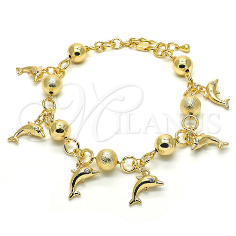 Oro Laminado Charm Anklet , Gold Filled Style Dolphin Design, with White Crystal, Matte Finish, Golden Finish, 03.179.0053.10 (10 MM Thickness, 10 Inches Length)