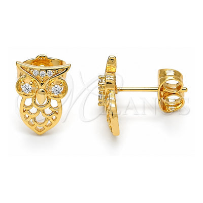 Oro Laminado Stud Earring, Gold Filled Style Owl Design, with White Cubic Zirconia, Polished, Golden Finish, 02.310.0004