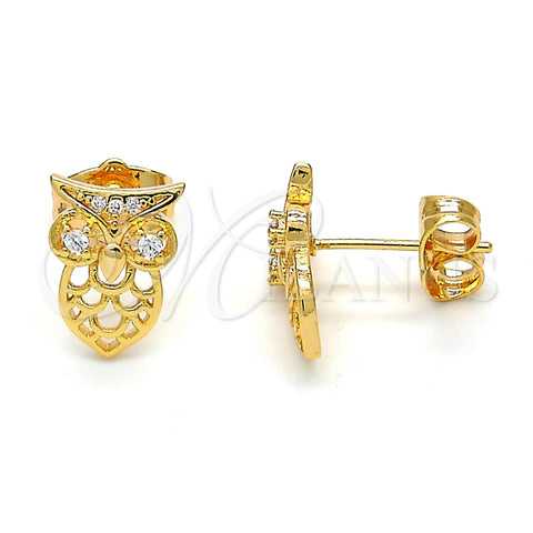 Oro Laminado Stud Earring, Gold Filled Style Owl Design, with White Cubic Zirconia, Polished, Golden Finish, 02.310.0004