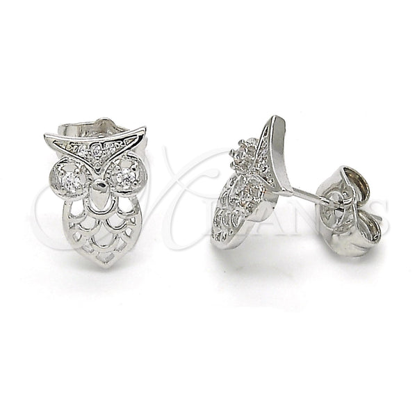 Rhodium Plated Stud Earring, Owl Design, with White Cubic Zirconia, Polished, Rhodium Finish, 02.310.0004.1
