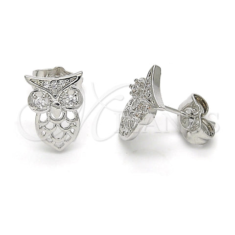 Rhodium Plated Stud Earring, Owl Design, with White Cubic Zirconia, Polished, Rhodium Finish, 02.310.0004.1