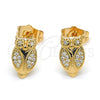 Oro Laminado Stud Earring, Gold Filled Style Owl Design, with White Micro Pave, Polished, Golden Finish, 02.310.0007
