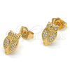 Oro Laminado Stud Earring, Gold Filled Style Owl Design, with White Micro Pave, Polished, Golden Finish, 02.310.0007