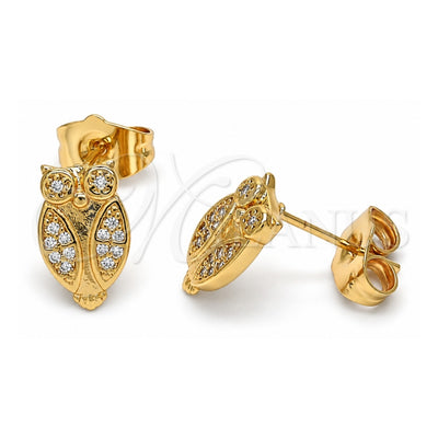 Oro Laminado Stud Earring, Gold Filled Style Owl Design, with White Micro Pave, Polished, Golden Finish, 02.310.0007