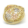 Oro Laminado Elegant Ring, Gold Filled Style Flower Design, Diamond Cutting Finish, Tricolor, 01.100.0011.08 (Size 8)