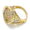 Oro Laminado Elegant Ring, Gold Filled Style Flower Design, Diamond Cutting Finish, Tricolor, 01.100.0011.08 (Size 8)