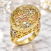 Oro Laminado Elegant Ring, Gold Filled Style Flower Design, Diamond Cutting Finish, Tricolor, 01.100.0011.08 (Size 8)