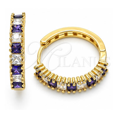 Oro Laminado Huggie Hoop, Gold Filled Style with Amethyst and White Cubic Zirconia, Polished, Golden Finish, 02.210.0105.2.25