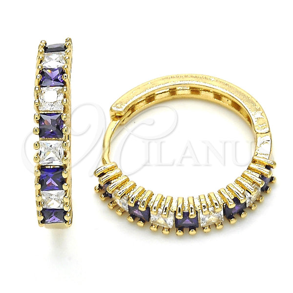 Gold Filled Hoop Earrings — Huggie Hoop with Amethyst and White Cubic Zirconia — main product view — SKU 120425 | Oro Laminado aretes de aro — Huggie Hoop with Amethyst and blanco Cubic Zirconia — SKU 120425