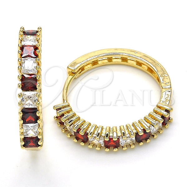 Gold Filled Hoop Earrings — Huggie Hoop with Garnet and White Cubic Zirconia — main product view — SKU 120426 | Oro Laminado aretes de aro — Huggie Hoop with Garnet and blanco Cubic Zirconia — SKU 120426