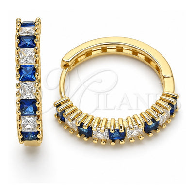 Oro Laminado Huggie Hoop, Gold Filled Style with Sapphire Blue and White Cubic Zirconia, Polished, Golden Finish, 02.210.0105.4.25