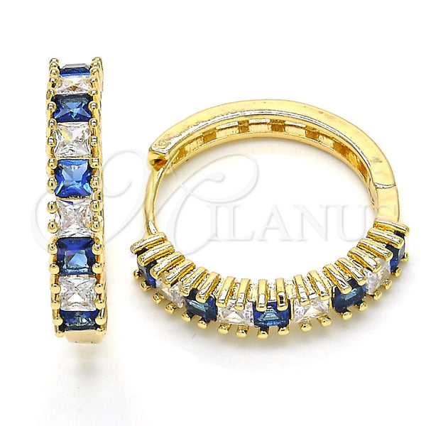 Gold Filled Hoop Earrings — Huggie Hoop with Sapphire Blue and White Cubic — main product view — SKU 120427 | Oro Laminado aretes de aro — Huggie Hoop with Sapphire Blue and blanco Cubic — SKU 120427