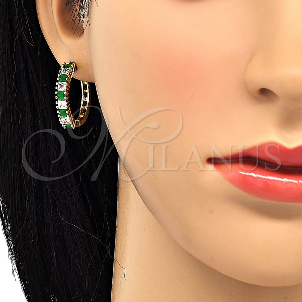 Gold Filled Hoop Earrings — Huggie Hoop with Green and White Cubic Zirconia — alternate product view — SKU 120428 | Oro Laminado aretes de aro — Huggie Hoop with Green and blanco Cubic Zirconia — SKU 120428