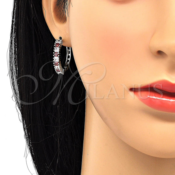 White Gold Filled Hoop Earrings — Huggie Hoop with Garnet and White Cubic Zirconia — alternate product view — SKU 120430 | Oro Laminado Blanco aretes de aro — Huggie Hoop with Garnet and blanco Cubic Zirconia — SKU 120430