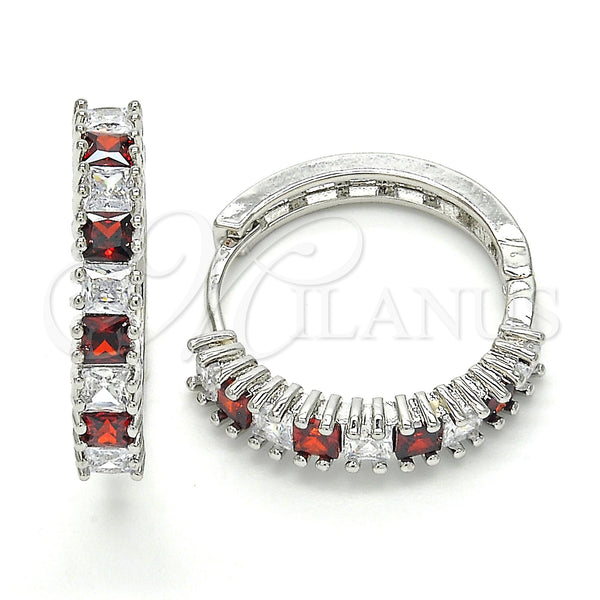 White Gold Filled Hoop Earrings — Huggie Hoop with Garnet and White Cubic Zirconia — main product view — SKU 120430 | Oro Laminado Blanco aretes de aro — Huggie Hoop with Garnet and blanco Cubic Zirconia — SKU 120430