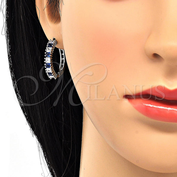 White Gold Filled Hoop Earrings — Huggie Hoop with Sapphire Blue and White Cubic — alternate product view — SKU 120431 | Oro Laminado Blanco aretes de aro — Huggie Hoop with Sapphire Blue and blanco Cubic — SKU 120431