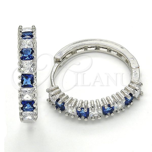 White Gold Filled Hoop Earrings — Huggie Hoop with Sapphire Blue and White Cubic — main product view — SKU 120431 | Oro Laminado Blanco aretes de aro — Huggie Hoop with Sapphire Blue and blanco Cubic — SKU 120431