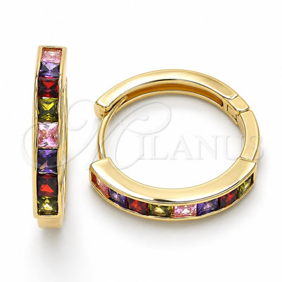 Oro Laminado Huggie Hoop, Gold Filled Style with Multicolor Cubic Zirconia, Polished, Golden Finish, 02.210.0106.1.25