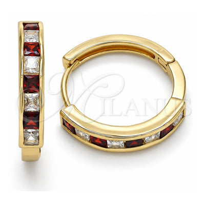 Oro Laminado Huggie Hoop, Gold Filled Style with Garnet and White Cubic Zirconia, Polished, Golden Finish, 02.210.0106.2.25