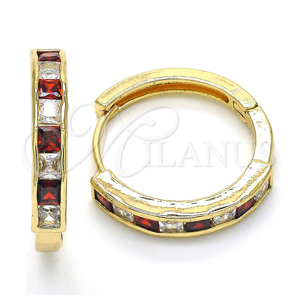 Gold Filled Hoop Earrings — Huggie Hoop with Garnet and White Cubic Zirconia — main product view — SKU 120435 | Oro Laminado aretes de aro — Huggie Hoop with Garnet and blanco Cubic Zirconia — SKU 120435