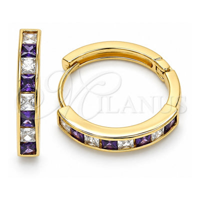 Oro Laminado Huggie Hoop, Gold Filled Style with Amethyst and White Cubic Zirconia, Polished, Golden Finish, 02.210.0106.3.25