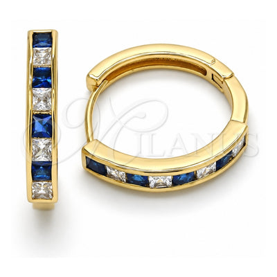 Oro Laminado Huggie Hoop, Gold Filled Style with Sapphire Blue and White Cubic Zirconia, Polished, Golden Finish, 02.210.0106.4.25