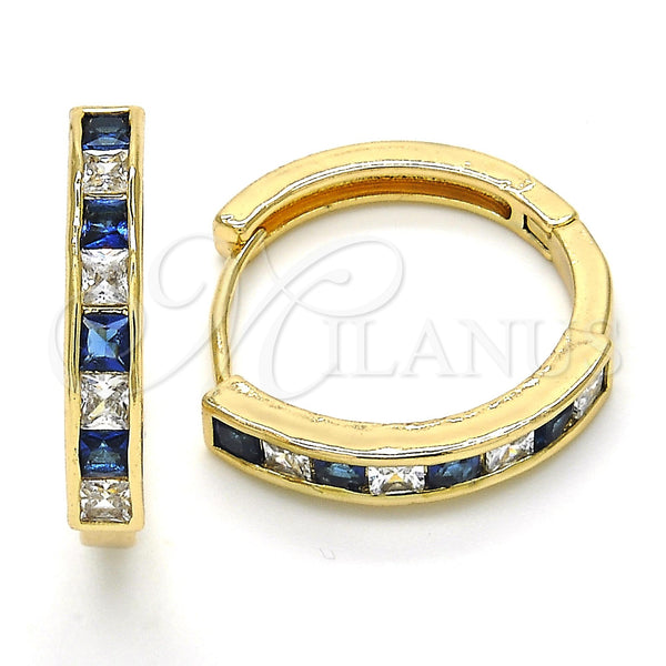 Gold Filled Hoop Earrings — Huggie Hoop with Sapphire Blue and White Cubic — main product view — SKU 120437 | Oro Laminado aretes de aro — Huggie Hoop with Sapphire Blue and blanco Cubic — SKU 120437