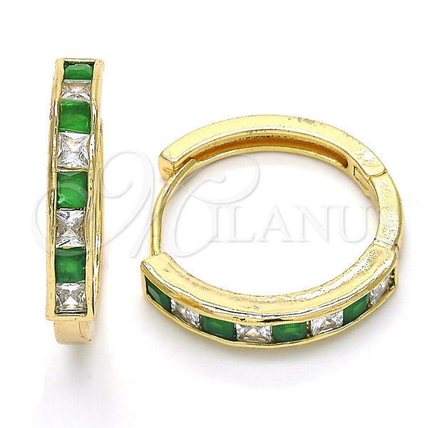 Gold Filled Hoop Earrings — Huggie Hoop with Green and White Cubic Zirconia — main product view — SKU 120438 | Oro Laminado aretes de aro — Huggie Hoop with Green and blanco Cubic Zirconia — SKU 120438