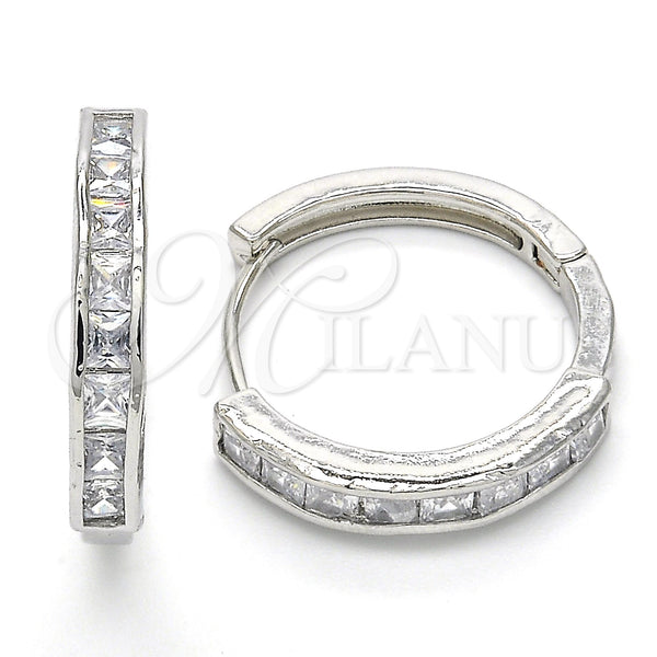 White Gold Filled Hoop Earrings — Huggie Hoop with White Cubic Zirconia Polished 02. — main product view — SKU 120439 | Oro Laminado Blanco aretes de aro — Huggie Hoop with blanco Cubic Zirconia pulido 02. — SKU 120439