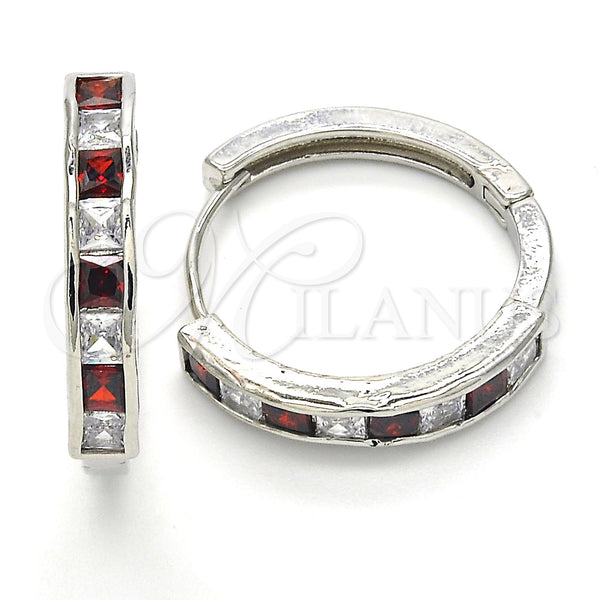 White Gold Filled Hoop Earrings — Huggie Hoop with Garnet and White Cubic Zirconia — main product view — SKU 120440 | Oro Laminado Blanco aretes de aro — Huggie Hoop with Garnet and blanco Cubic Zirconia — SKU 120440