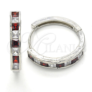 White Gold Filled Hoop Earrings — Huggie Hoop with Garnet and White Cubic Zirconia — main product view — SKU 120440 | Oro Laminado Blanco aretes de aro — Huggie Hoop with Garnet and blanco Cubic Zirconia — SKU 120440