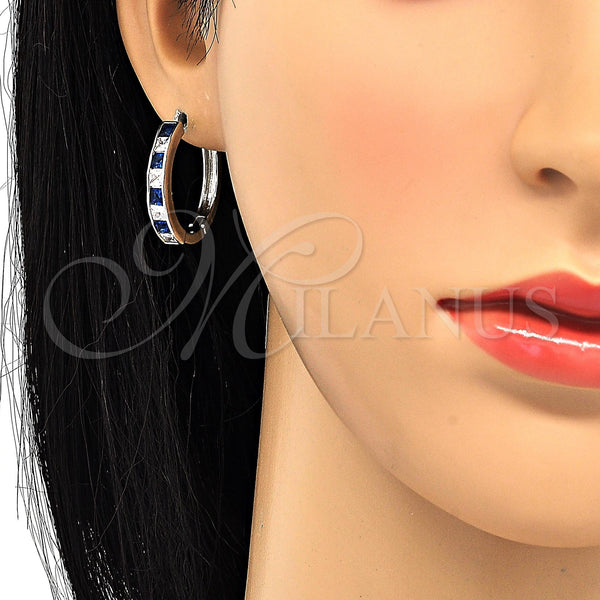 White Gold Filled Hoop Earrings — Huggie Hoop with Sapphire Blue and White Cubic — alternate product view — SKU 120441 | Oro Laminado Blanco aretes de aro — Huggie Hoop with Sapphire Blue and blanco Cubic — SKU 120441