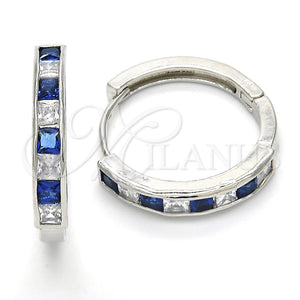 White Gold Filled Hoop Earrings — Huggie Hoop with Sapphire Blue and White Cubic — main product view — SKU 120441 | Oro Laminado Blanco aretes de aro — Huggie Hoop with Sapphire Blue and blanco Cubic — SKU 120441