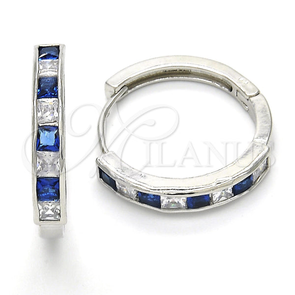 White Gold Filled Hoop Earrings — Huggie Hoop with Sapphire Blue and White Cubic — main product view — SKU 120441 | Oro Laminado Blanco aretes de aro — Huggie Hoop with Sapphire Blue and blanco Cubic — SKU 120441