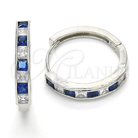 Rhodium Gold Filled Huggie Hoop, with Sapphire Blue and White Cubic Zirconia, Polished, Rhodium Finish, 02.210.0106.8.25