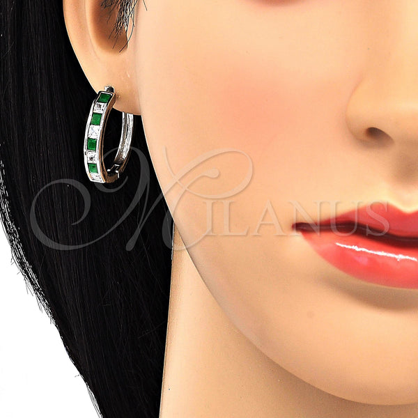 White Gold Filled Hoop Earrings — Huggie Hoop with Green and White Cubic Zirconia — alternate product view — SKU 120442 | Oro Laminado Blanco aretes de aro — Huggie Hoop with Green and blanco Cubic Zirconia — SKU 120442